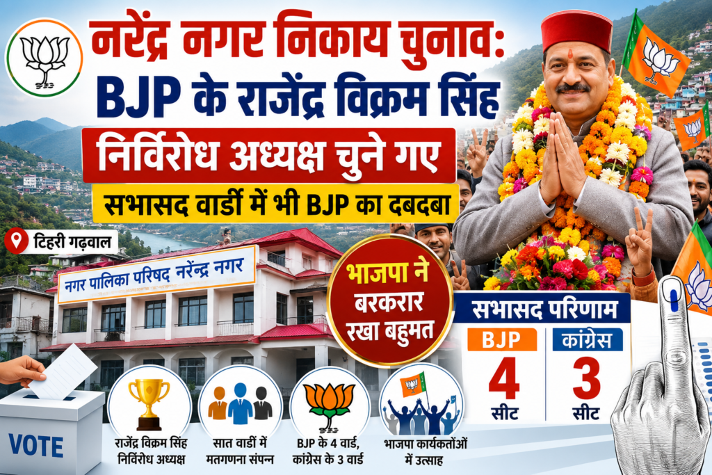 नरेंद्र नगर निकाय चुनाव: भाजपा के राजेंद्र विक्रम सिंह निर्विरोध अध्यक्ष चुने गए, सभासद वार्डों में भी BJP का दबदबा